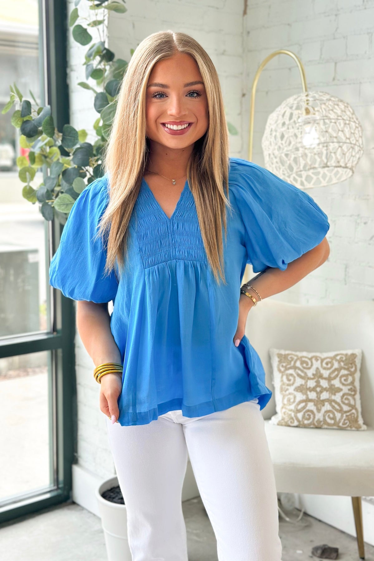 UMGEE Ocean Smocked Puff Sleeve Top