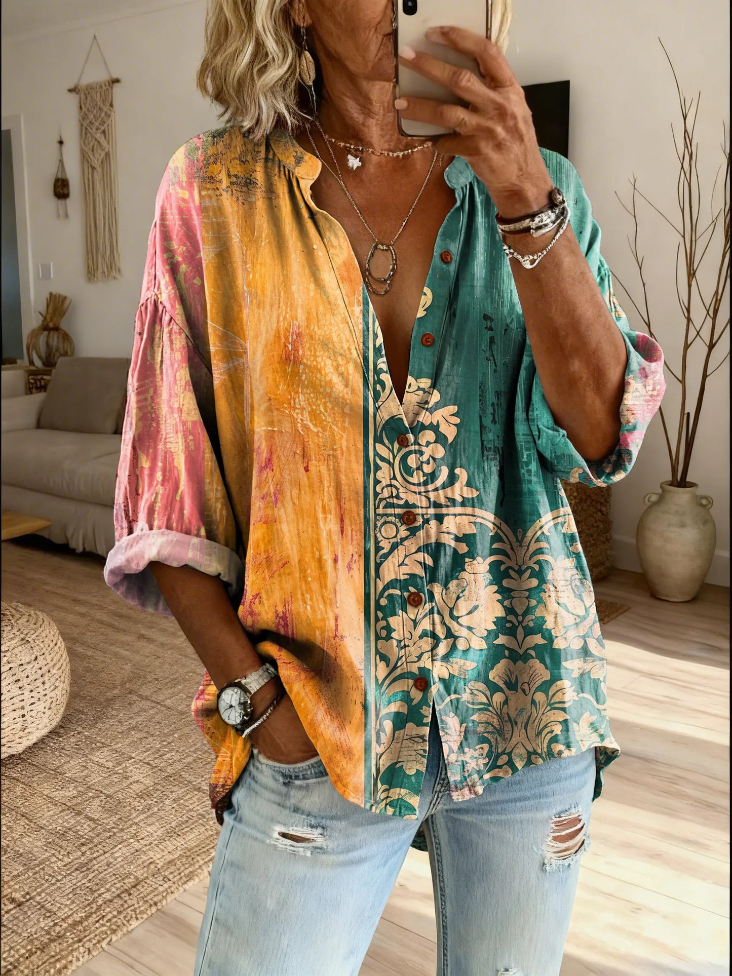 Women's Colorful Retro Totem Pattern Art Print Casual Cotton Linen Shirt