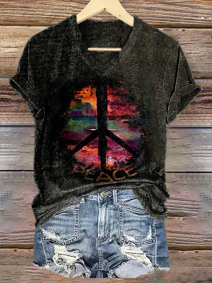 Women's Hippie Peace Art Print V-neck Casual T-Shirt