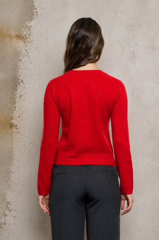 Classic Crew Neck Button Cardigan Red