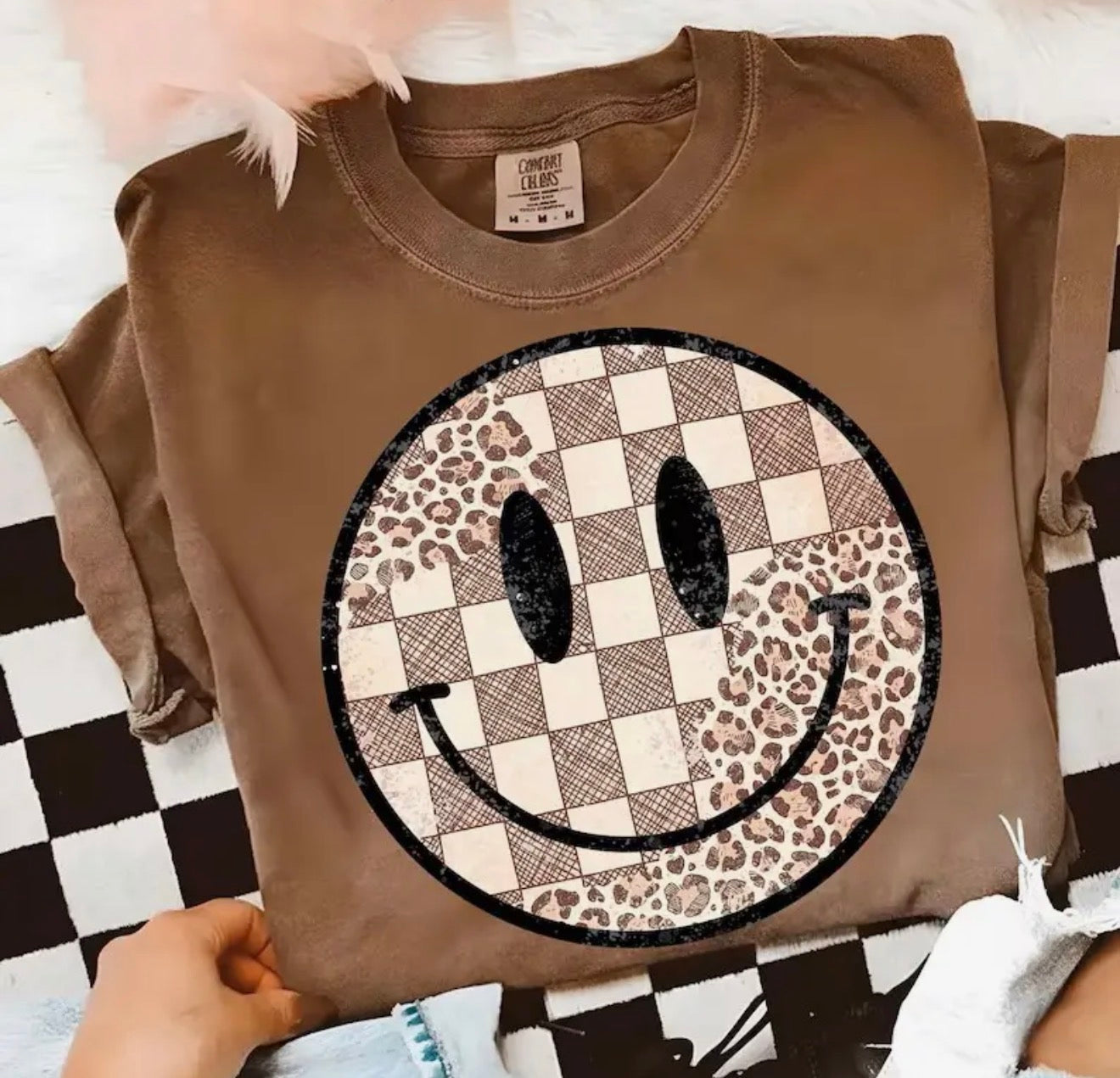 Comfort Colors Mocha Checkered Leopard Smiley Tee