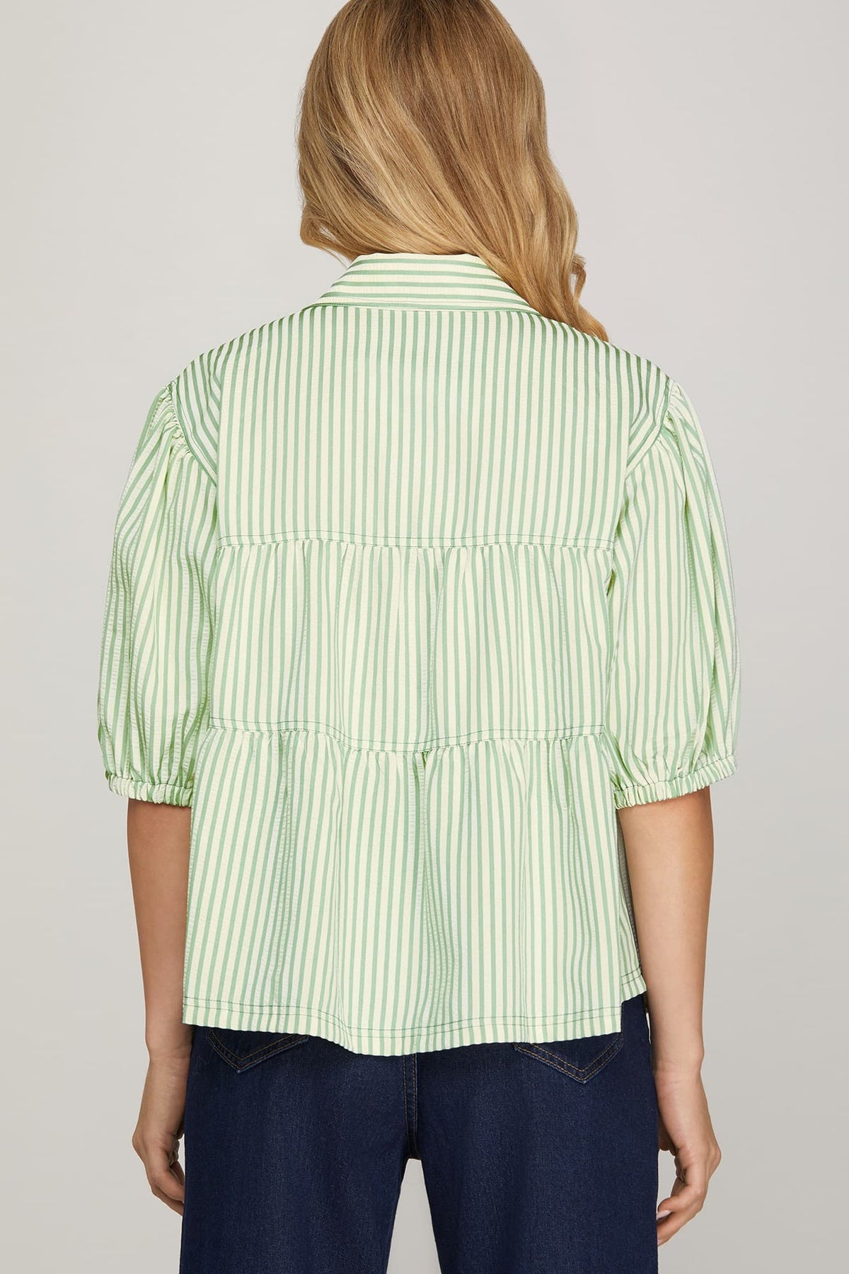 Ruffle Stripe Button Down Top Sage