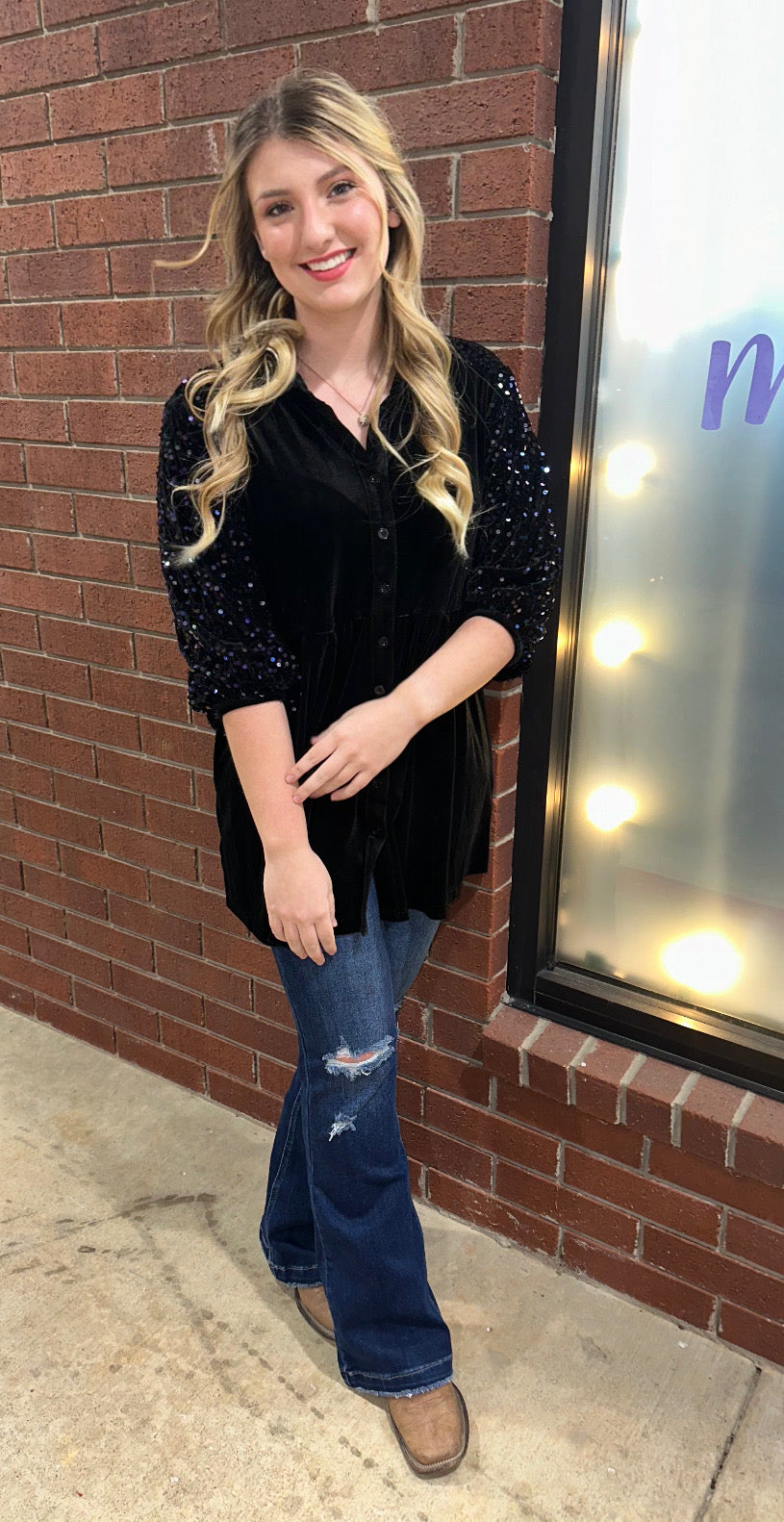 Black Velvet Sequin Sleeve Button Down Top