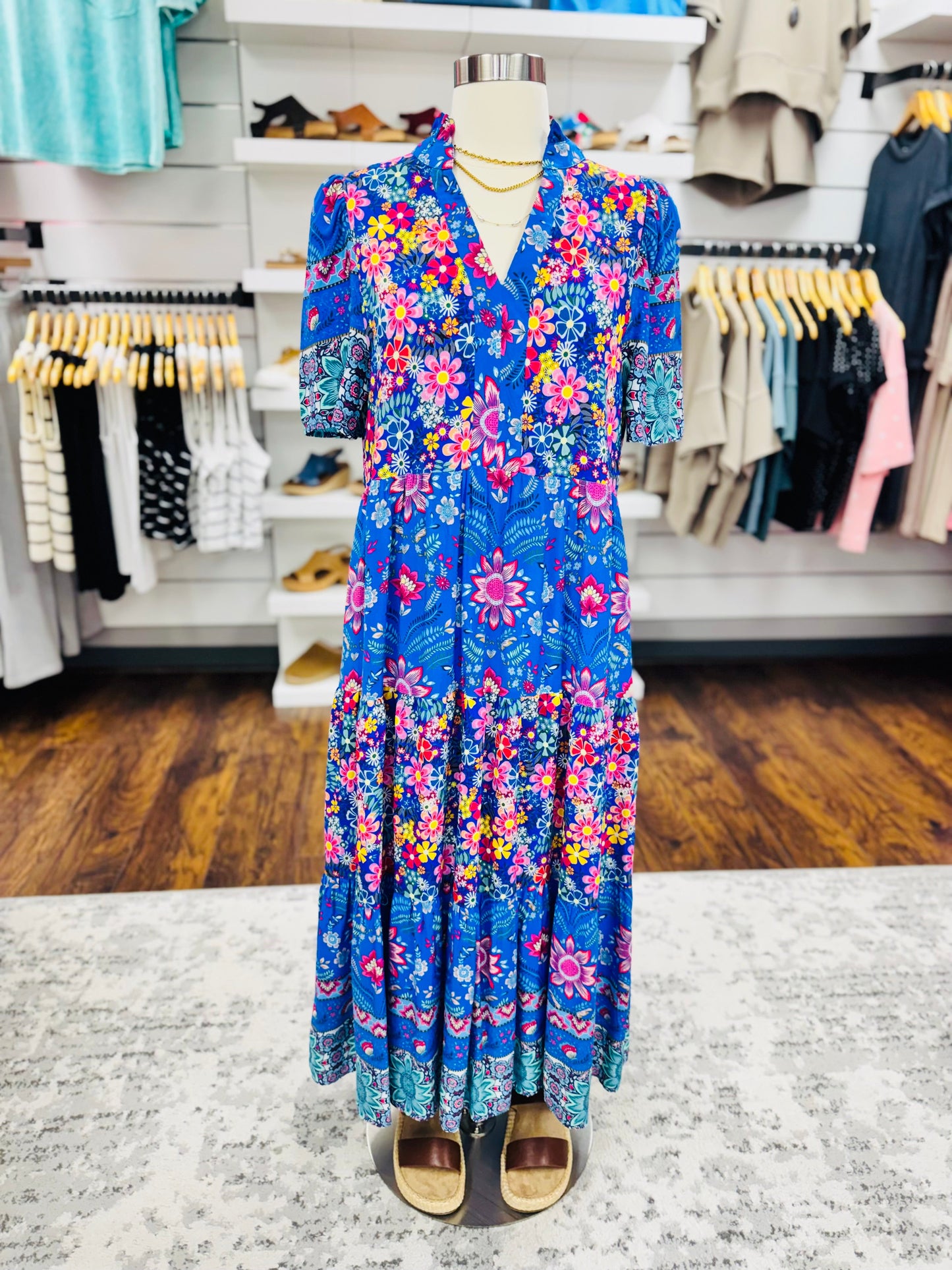 Mixed Print Tiered Dress Cobalt Blue Mix