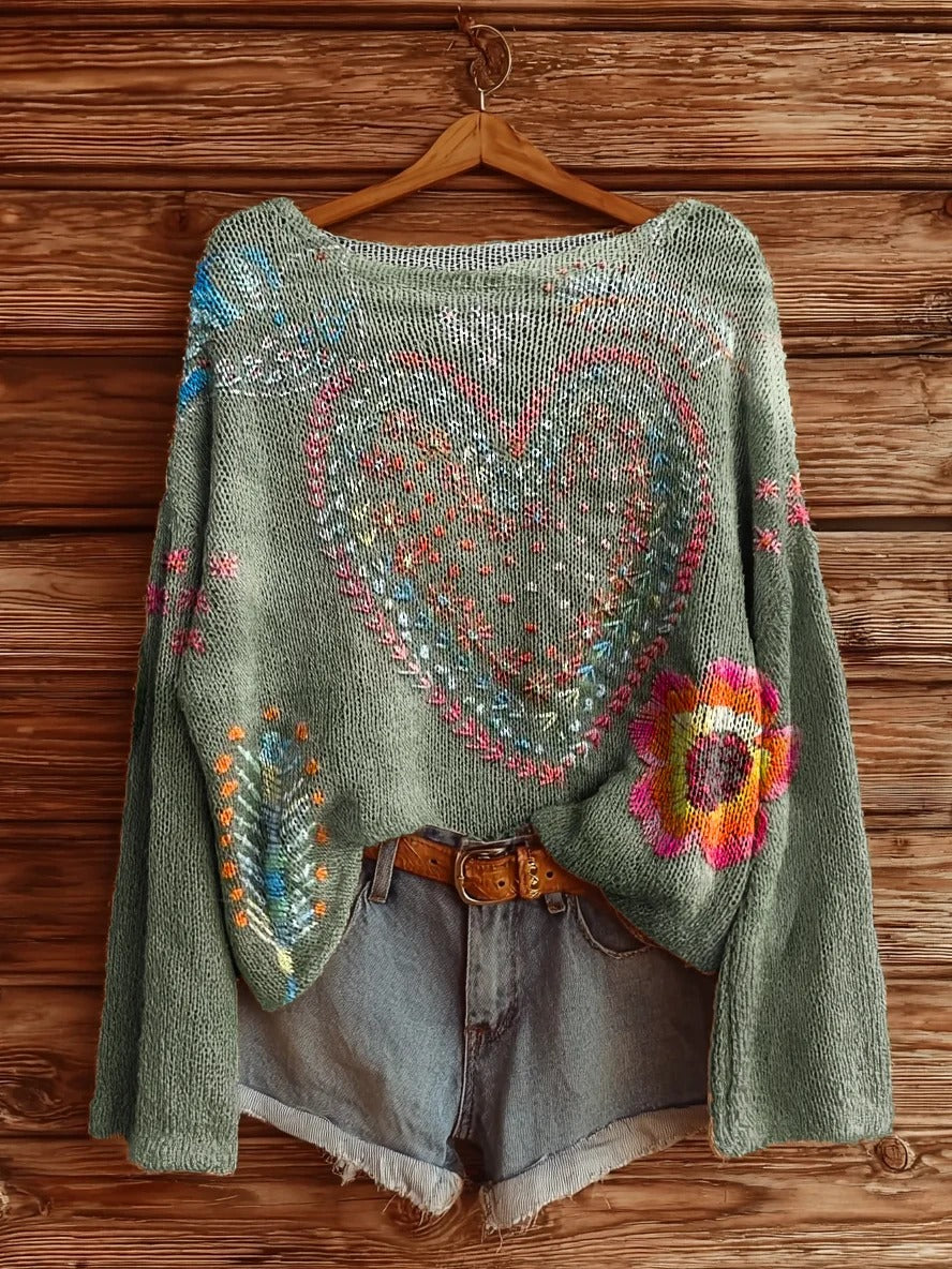Women's Vintage Bohemian Floral Love Art Print V-neck Casual T-Shirt