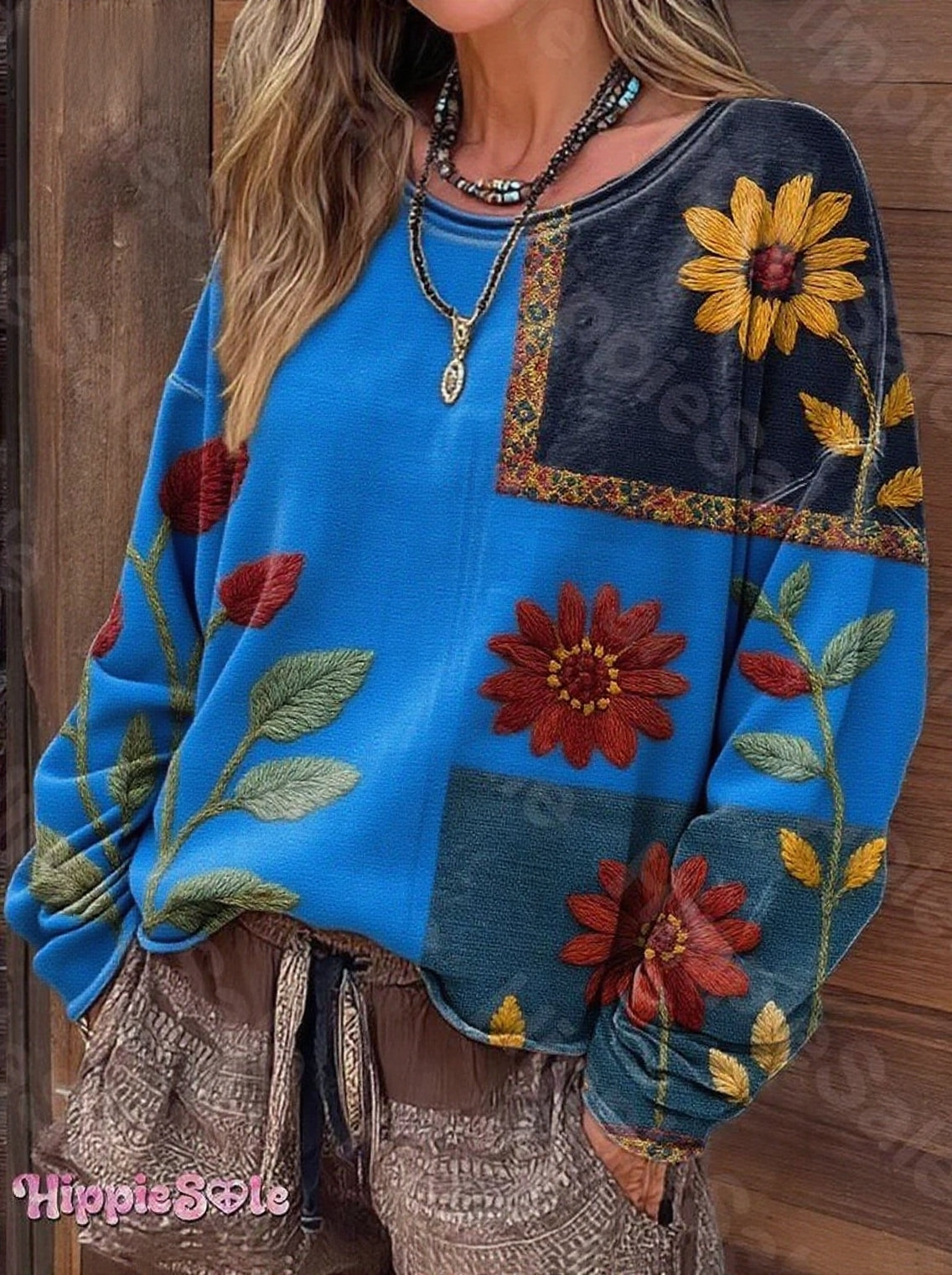 Women's Bohemian Floral Pattern Patchwork Art Print Casual Long Sleeve T-shirt