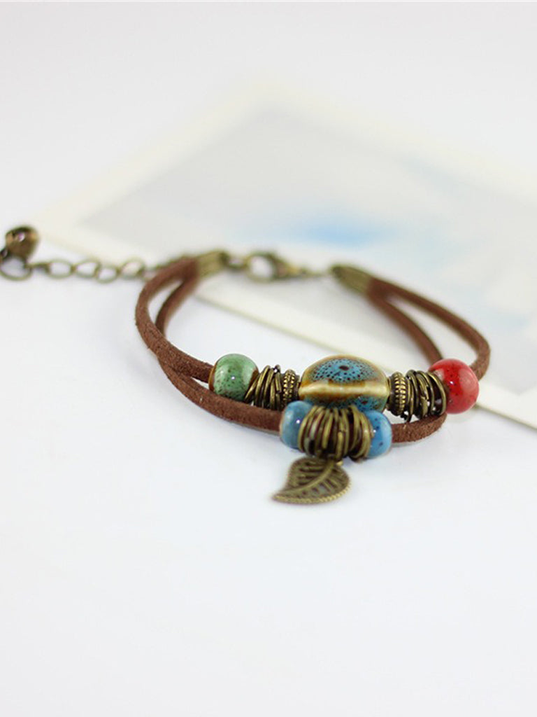 Simple Cowhide Rope Ceramic Kiln-changed Bead Bracelet Bohemian Couple Jewelry