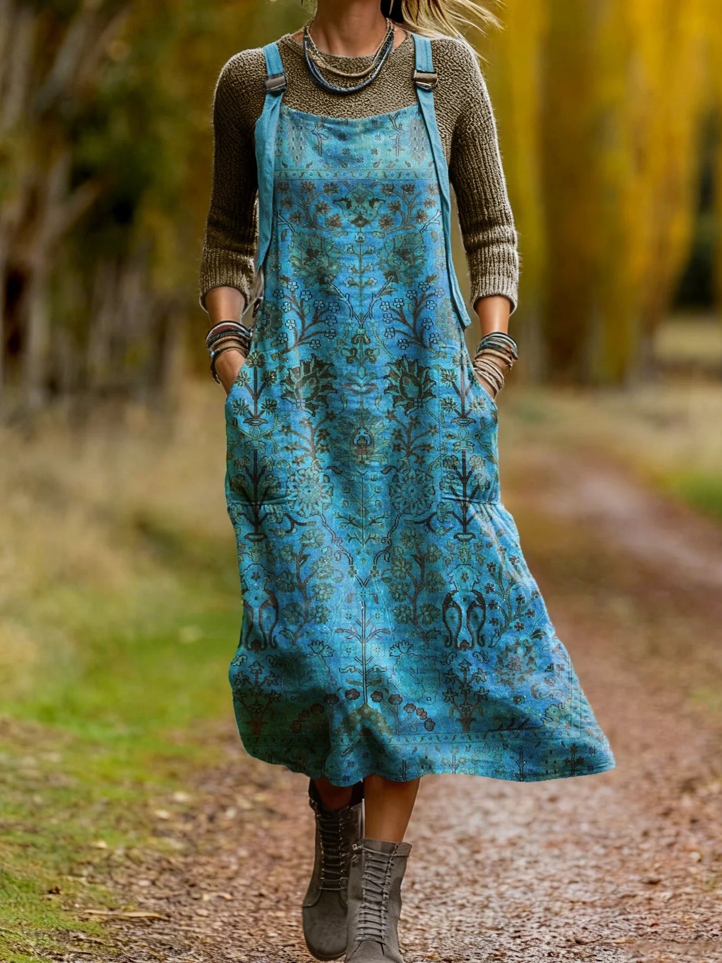 Women's Vintage Ethnic Blue Floral Totem Art Print Pocket Cotton V-Neck Long-Sleeve Dress