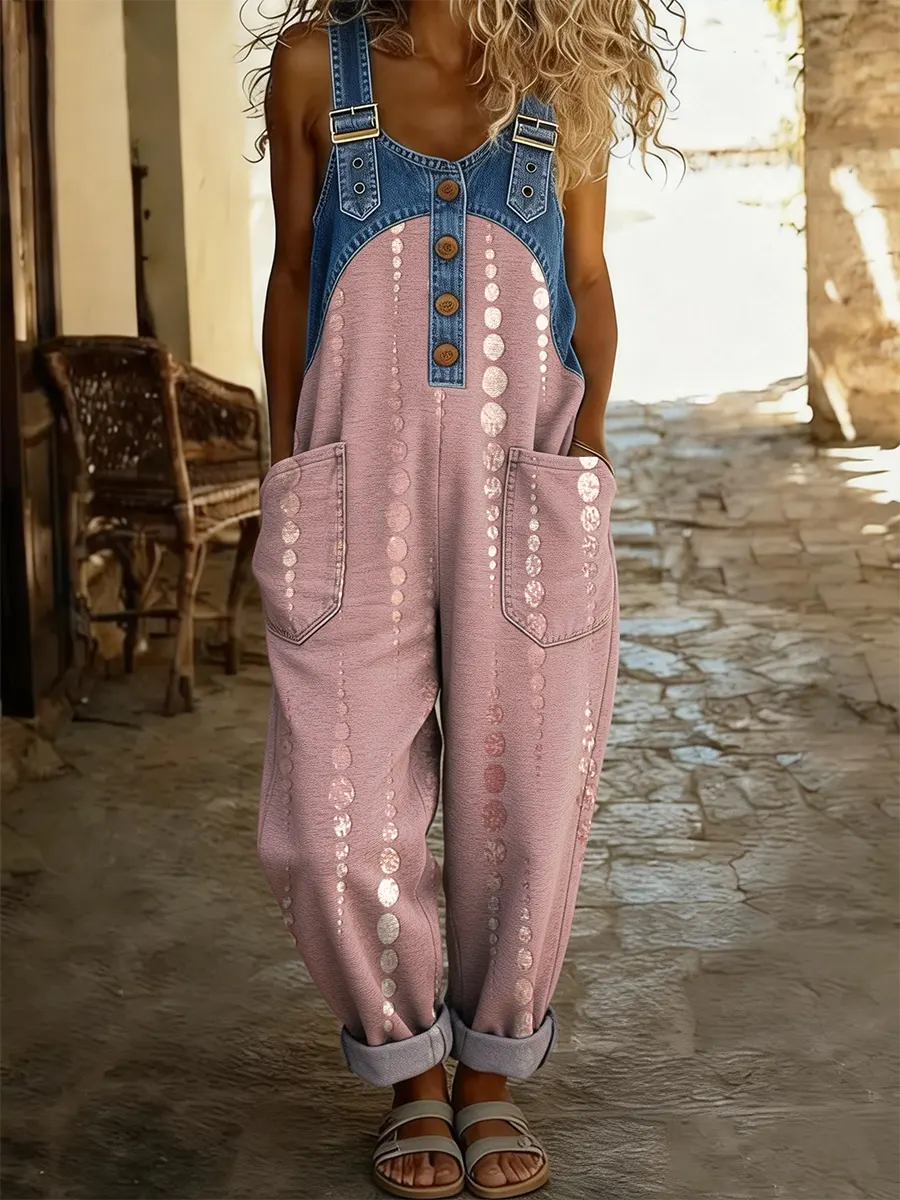 Women's Polka Dot Art Print Patchwork Denim Overalls
