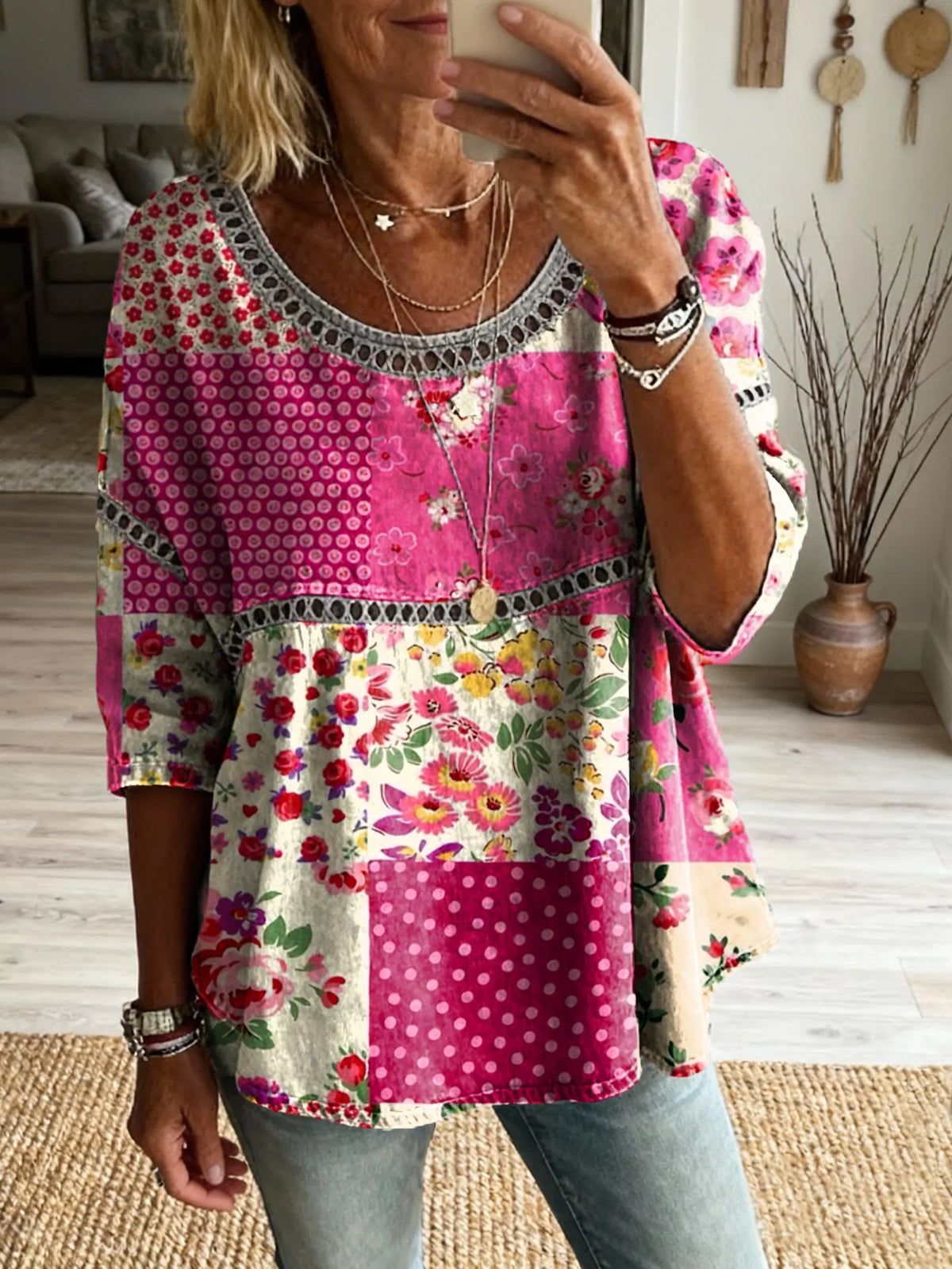 Women's Vintage Patchwork Floral Art Print Casual Round Neck Cutout Top