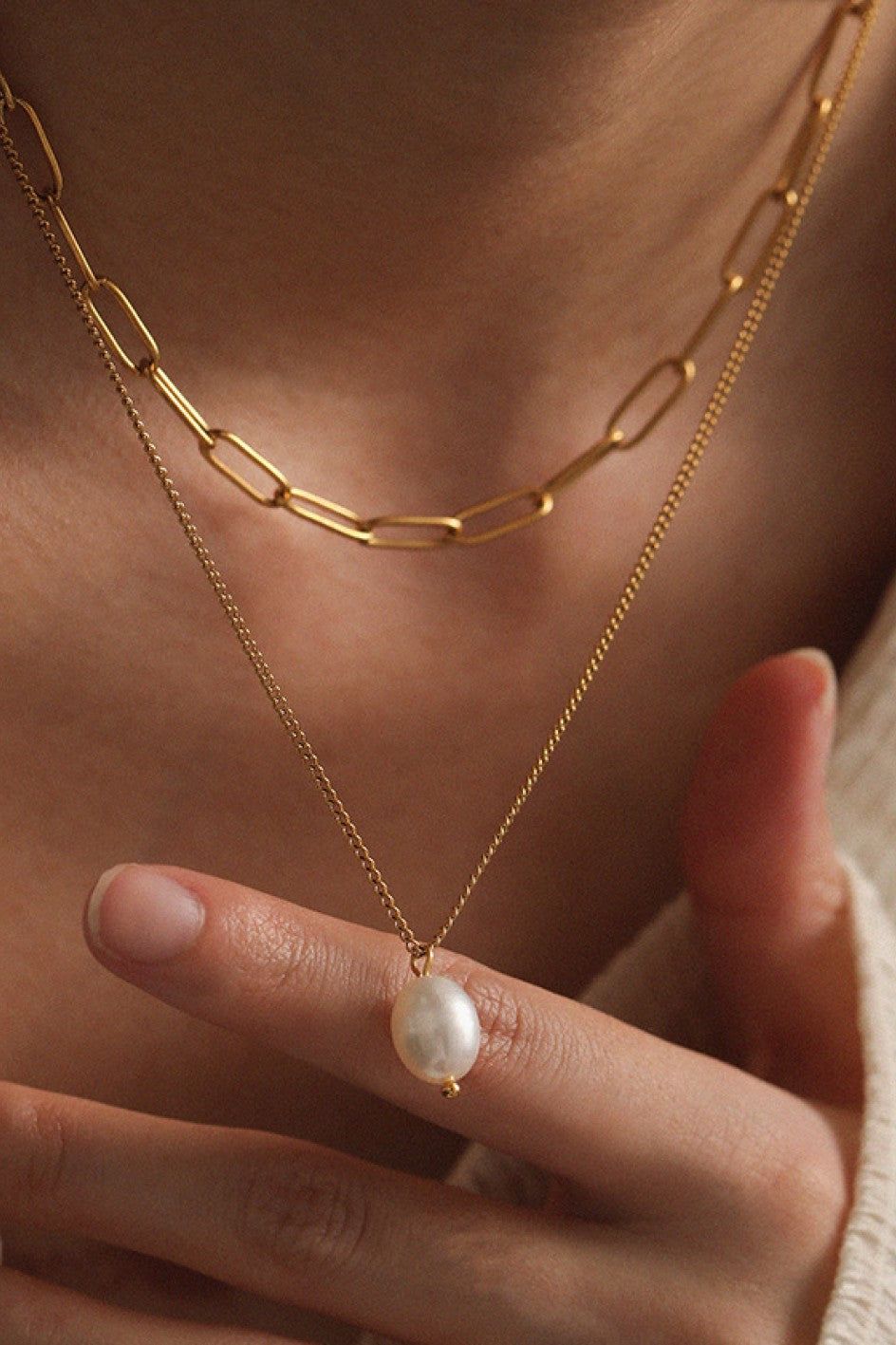 18K Gold Plated S.S. Paperclip Multi Layer Pearl Drop Necklace