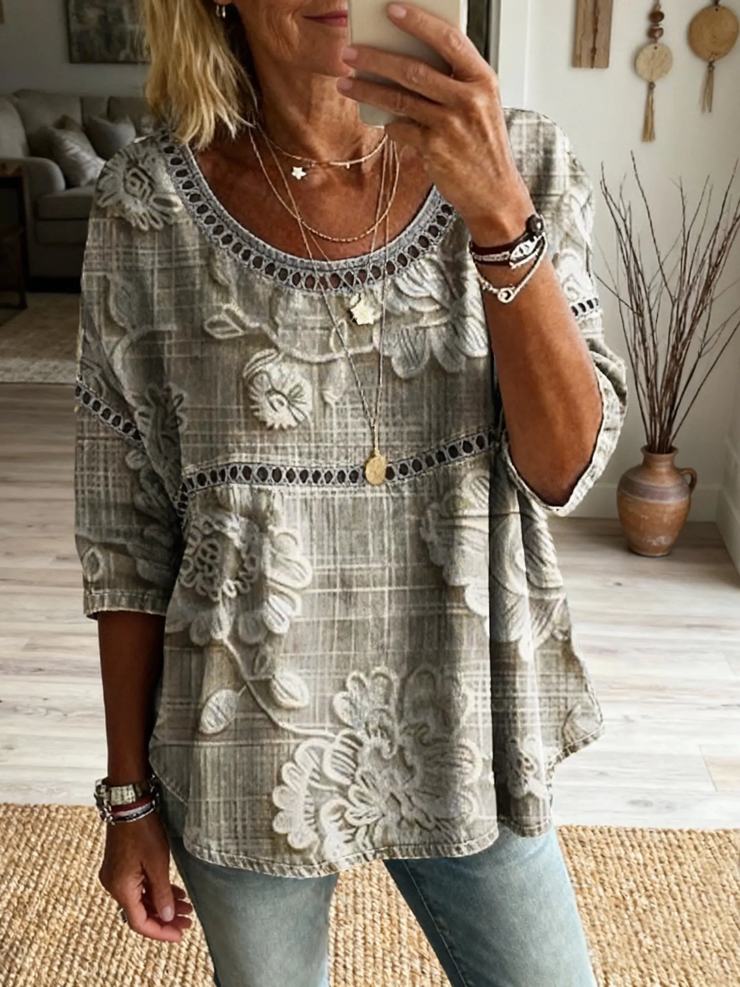 Women's Floral Pattern Art Print Casual Round Neck Lace-up Top