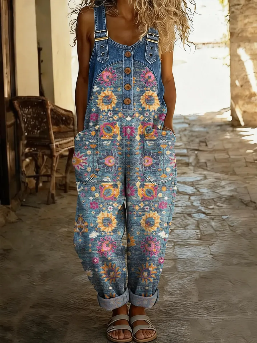 Women's Vintage Floral Art Print Washed Cotton Denim Patchwork Jumpsuit