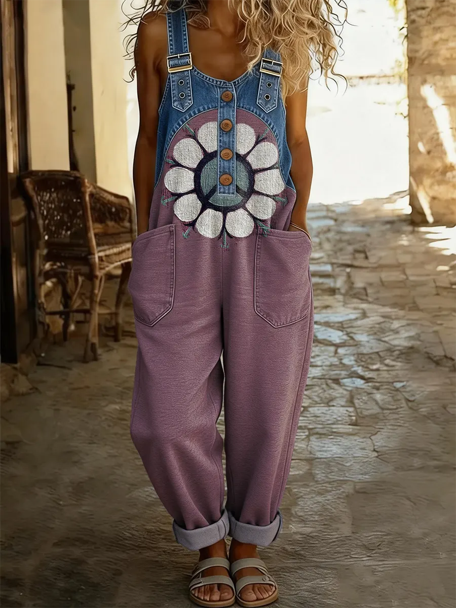 Ethnicity Hippie Flowers Women's Casual Washed Cotton Denim Patchwork Jumpsuit