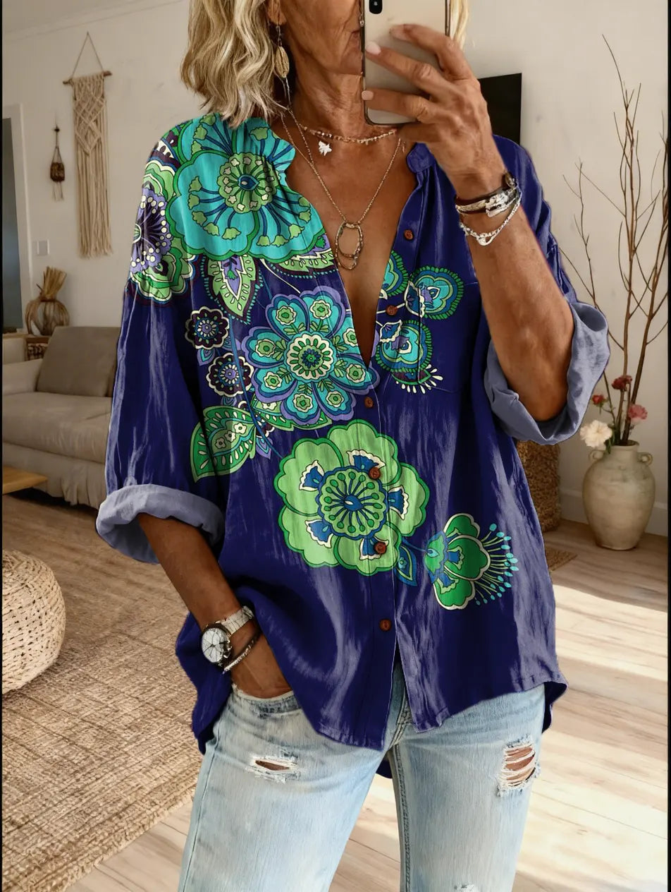 Women's Floral Art Print Casual Cotton-linen Blend Shirt