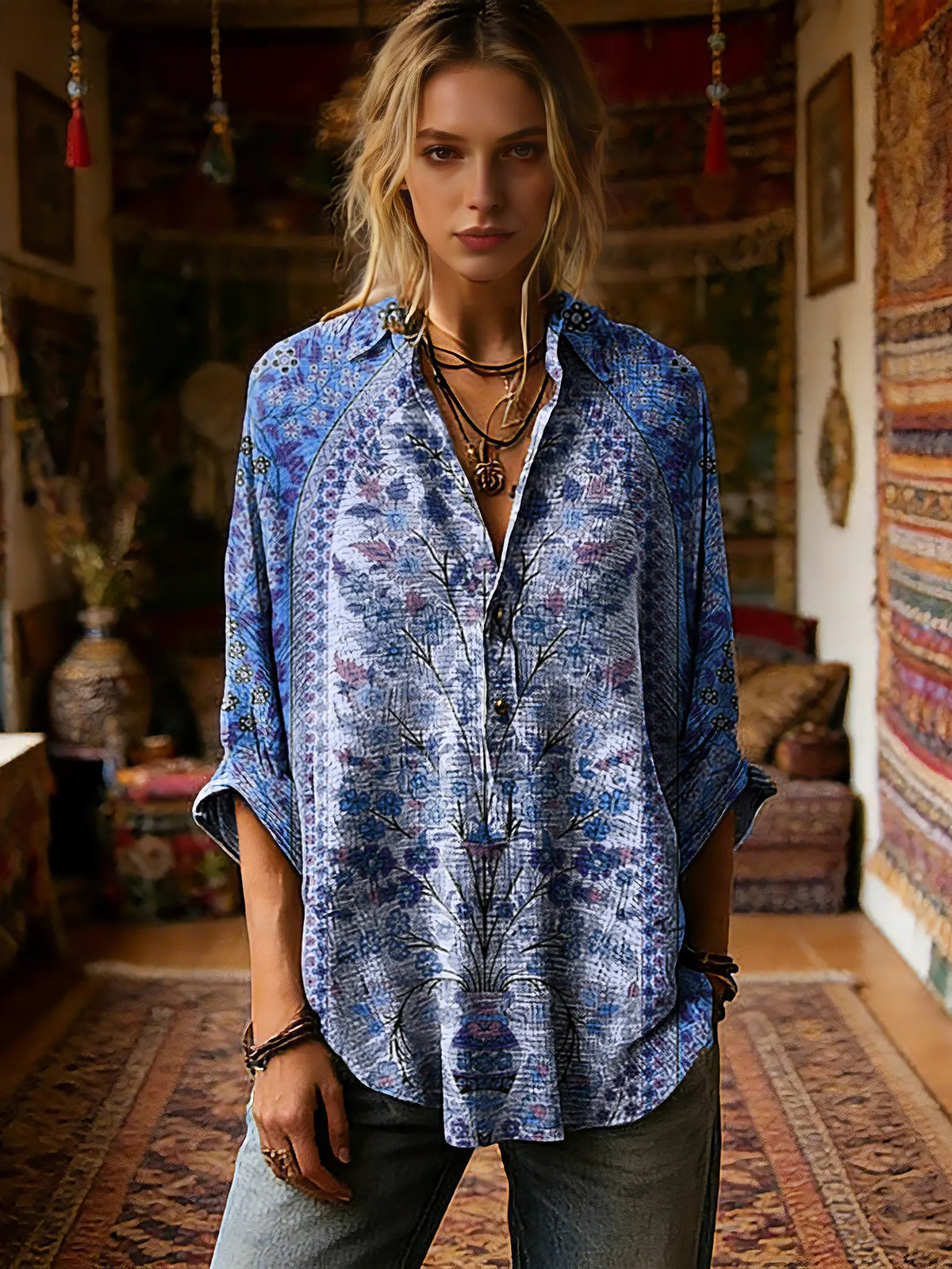 Women's Vintage Ethnic Floral Pattern Art Print Casual Long-sleeve Shirt