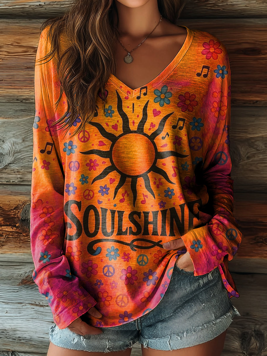 Women's Vintage Orange Love Hearts Peace Sign Floral Hippie Art Print Casual V-neck Cotton T-shirt