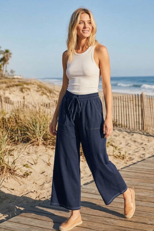 Knit Drawstring Wide Leg Pant Navy