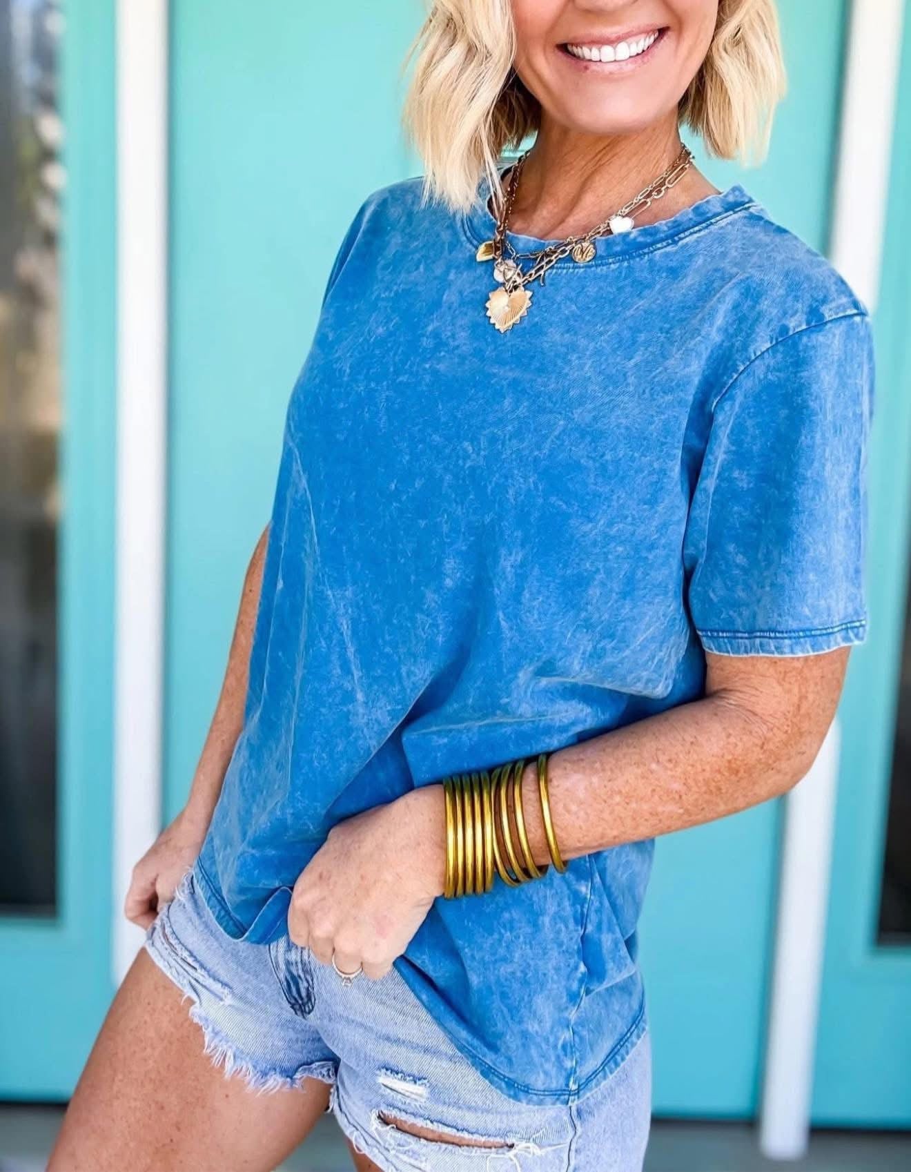 Classic Cotton Acid Wash Tee Ocean Blue