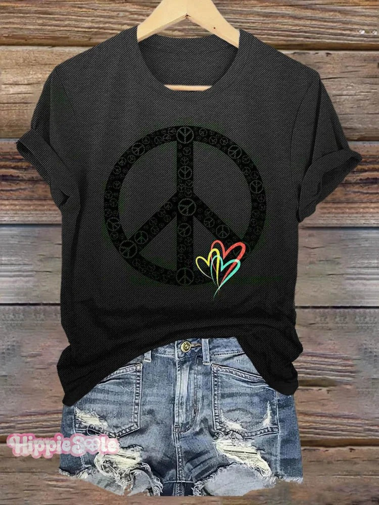 Women's Hippie Peace Heart Art Pattern Print Casual V-neck Long Sleeve T-shirt
