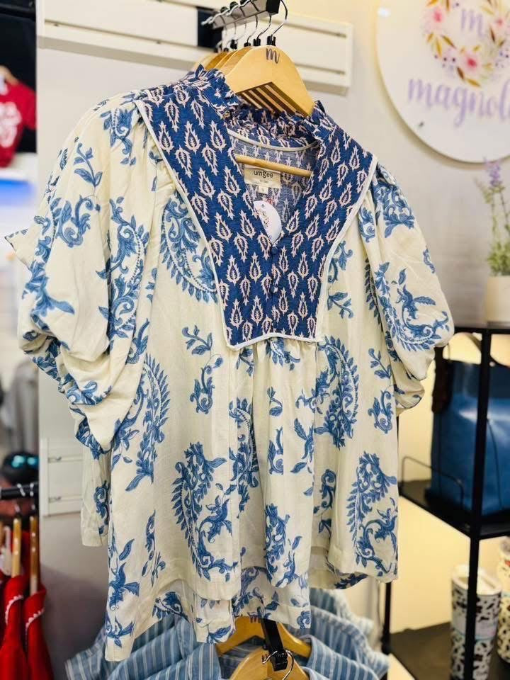 UMGEE Blue Print Boho Puff Sleeve Top