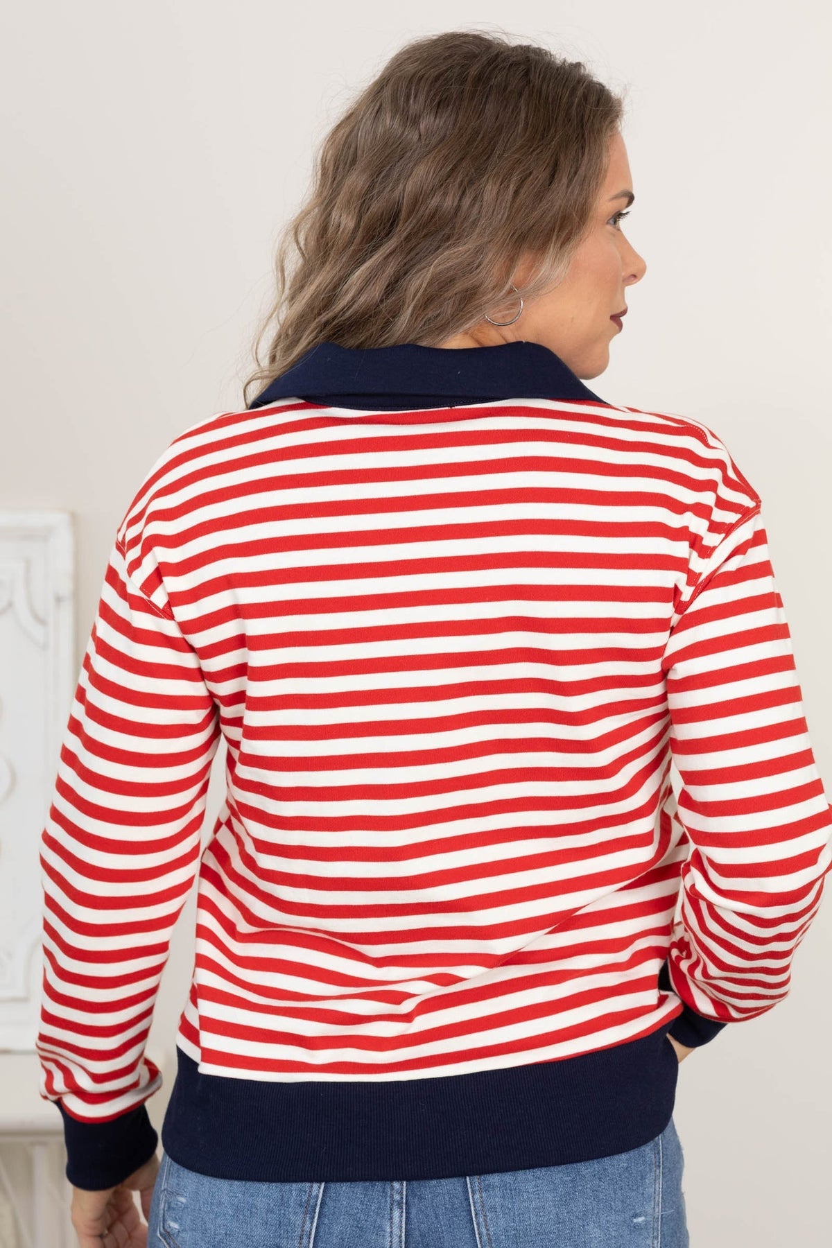 Stripe Contrast Collar Top Red Navy
