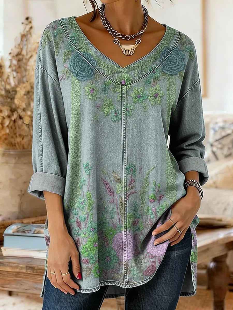 Retro Ethnic Floral Pattern Art Print Casual Washed Denim Cotton Top
