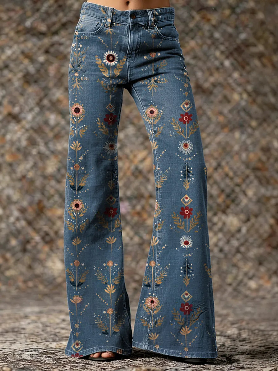 Women's Vintage Ethnic Floral Print Artistic Washed Denim Jeans