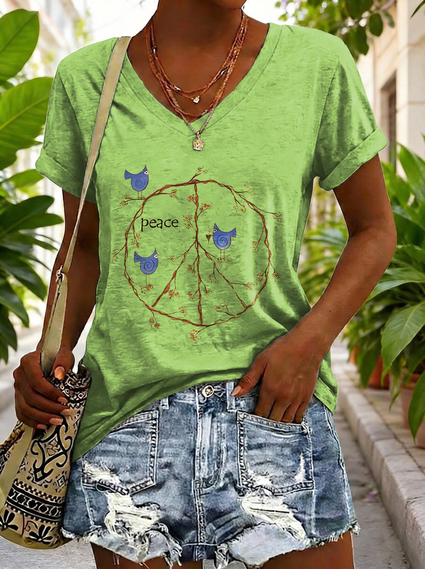Women's Vintage Yellow Peace Sign Bird Hippie Art Print Casual V-neck Cotton T-shirt