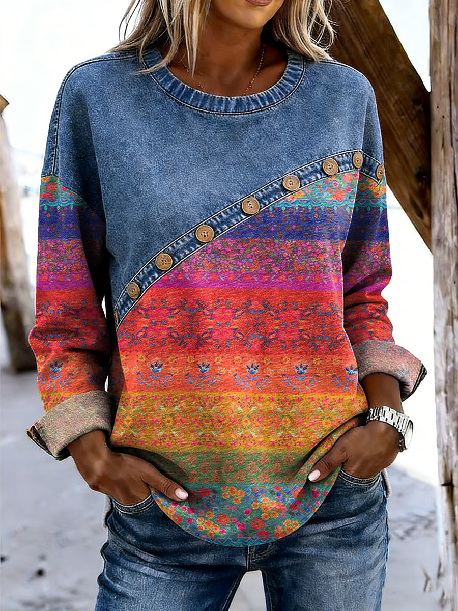 Women's Retro Colorful Floral Striped Art Print Casual Long-sleeved Round Neck Denim Patchwork Top