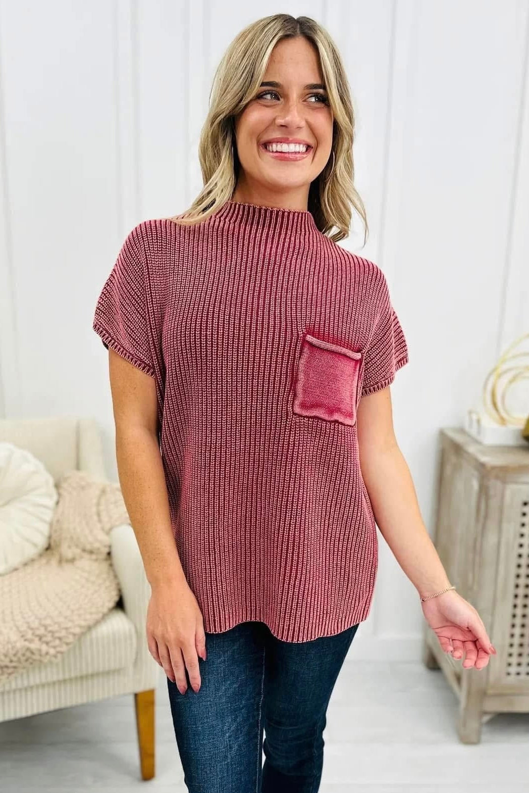 Washed Short Sleeve Sweater Cabernet Red