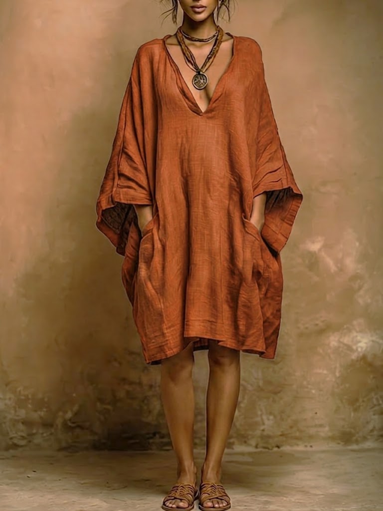 Valenne - Loose Fit V Neck Midi Dress