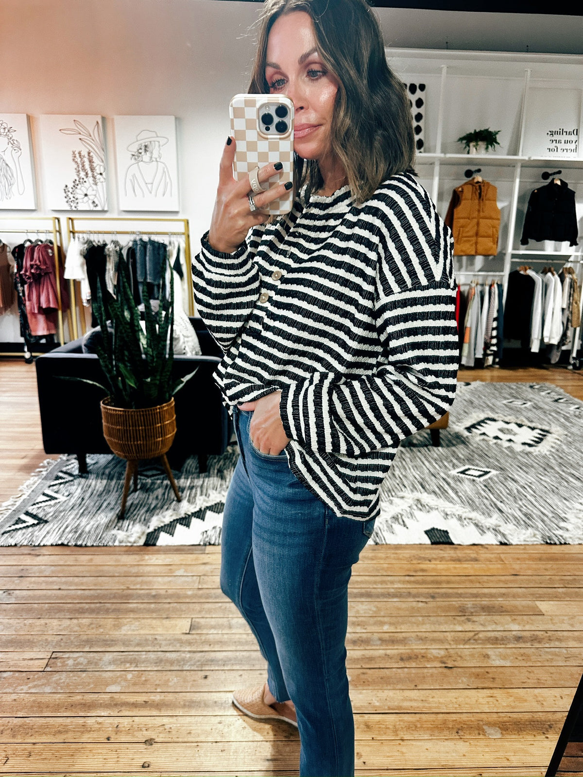 Textured Stripe Henley Top Black