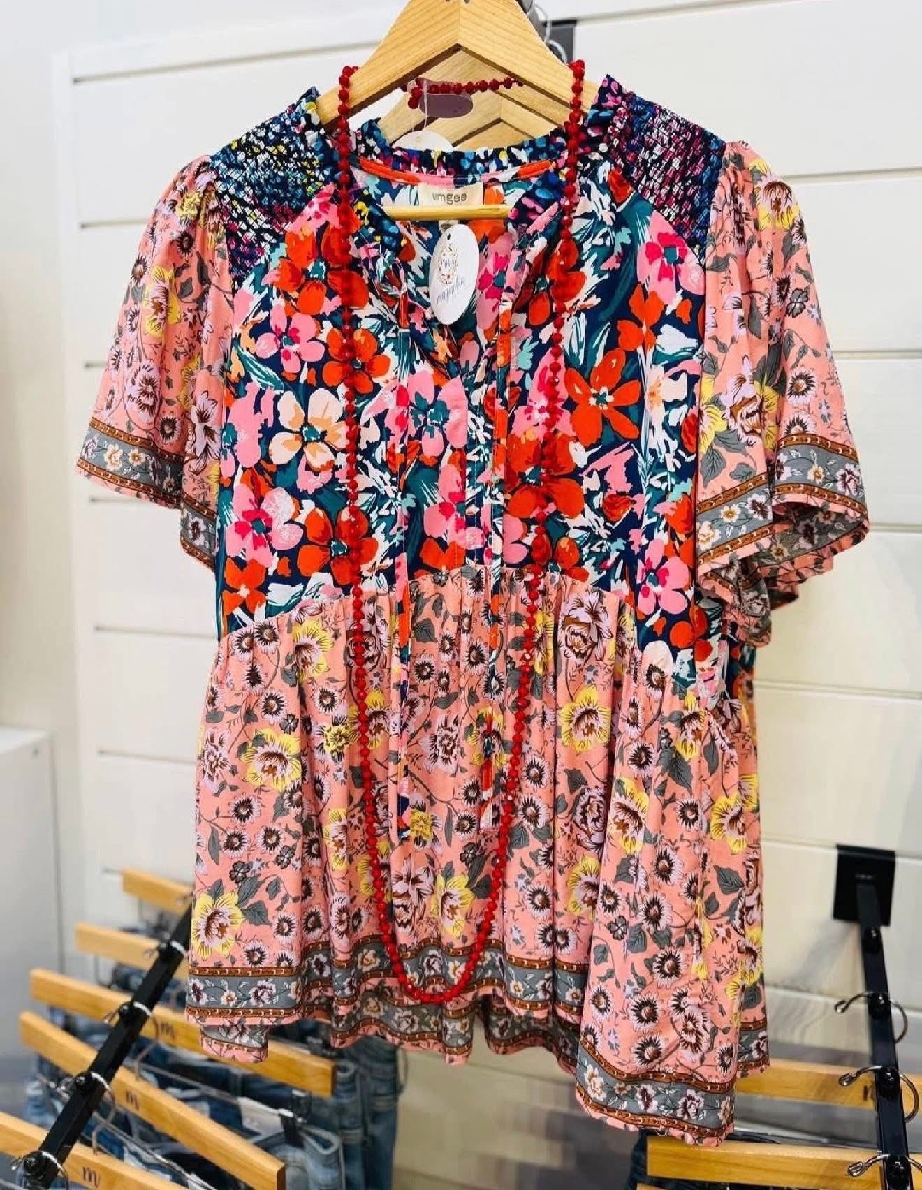 UMGEE Navy Mix Printed Smocked Shoulder Top