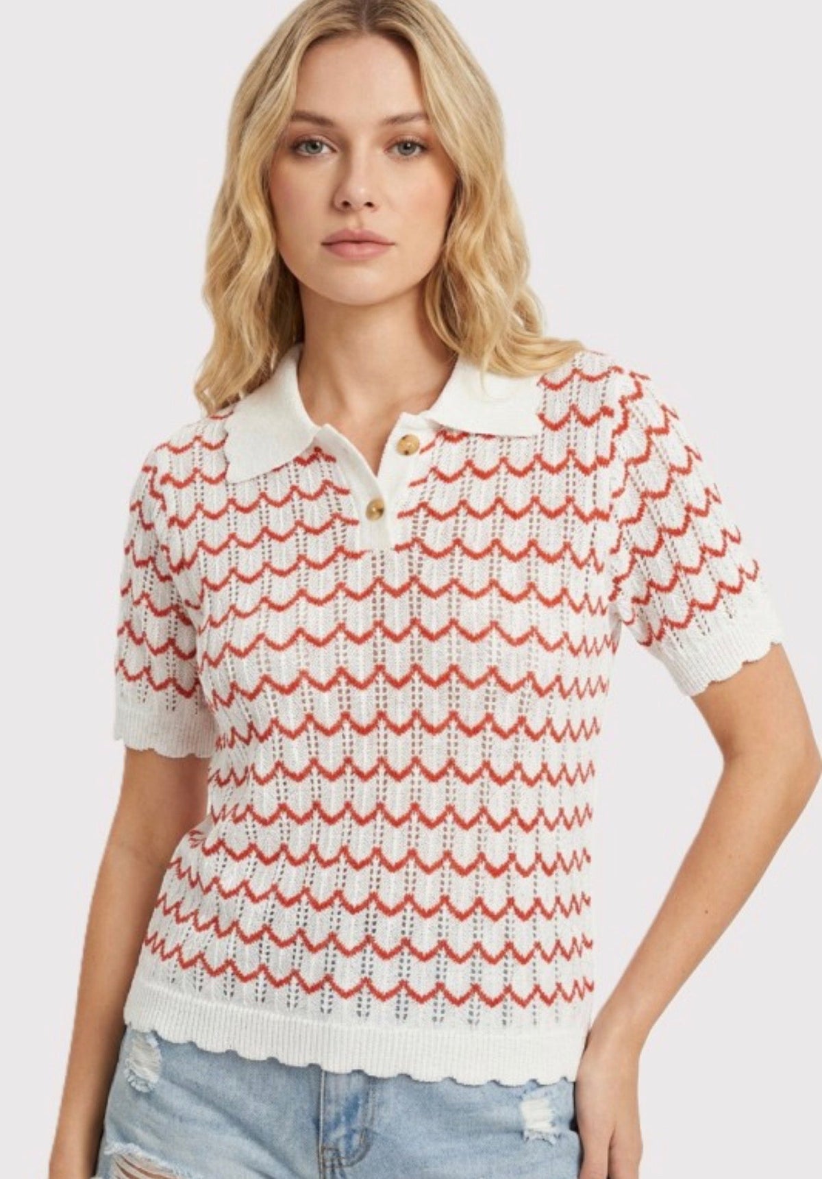 Collared Knit Stripe Top Red