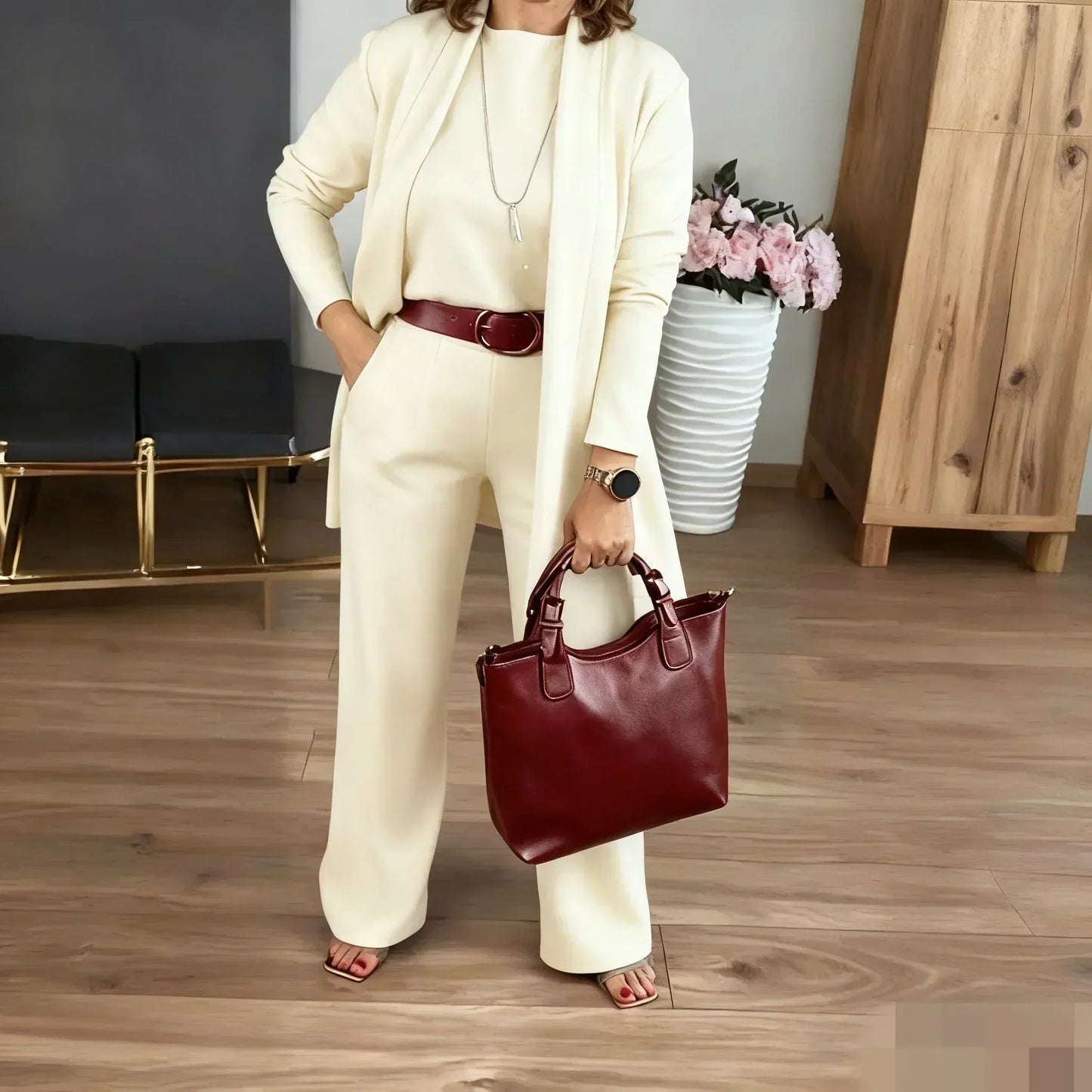 New Arrival✨3-Piece Set with Short Sleeve Top, Wide-Leg Pants & Long Cardigan – Effortless Layered Style