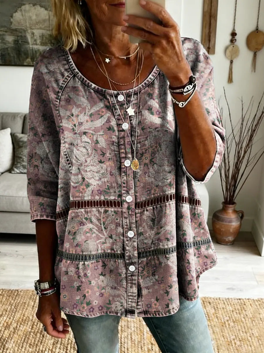 Ethnicity Bohemia Flowers Pink Women's Art Print Casual Long-sleeve V-neck Washed Cotton Denim Top