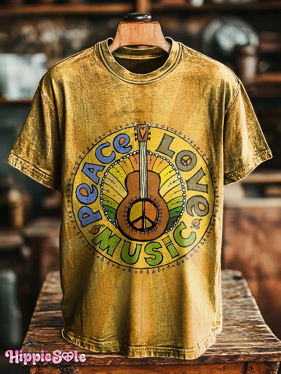Unisex Vintage Hippie Peace Love Music Art Print Casual T-shirt