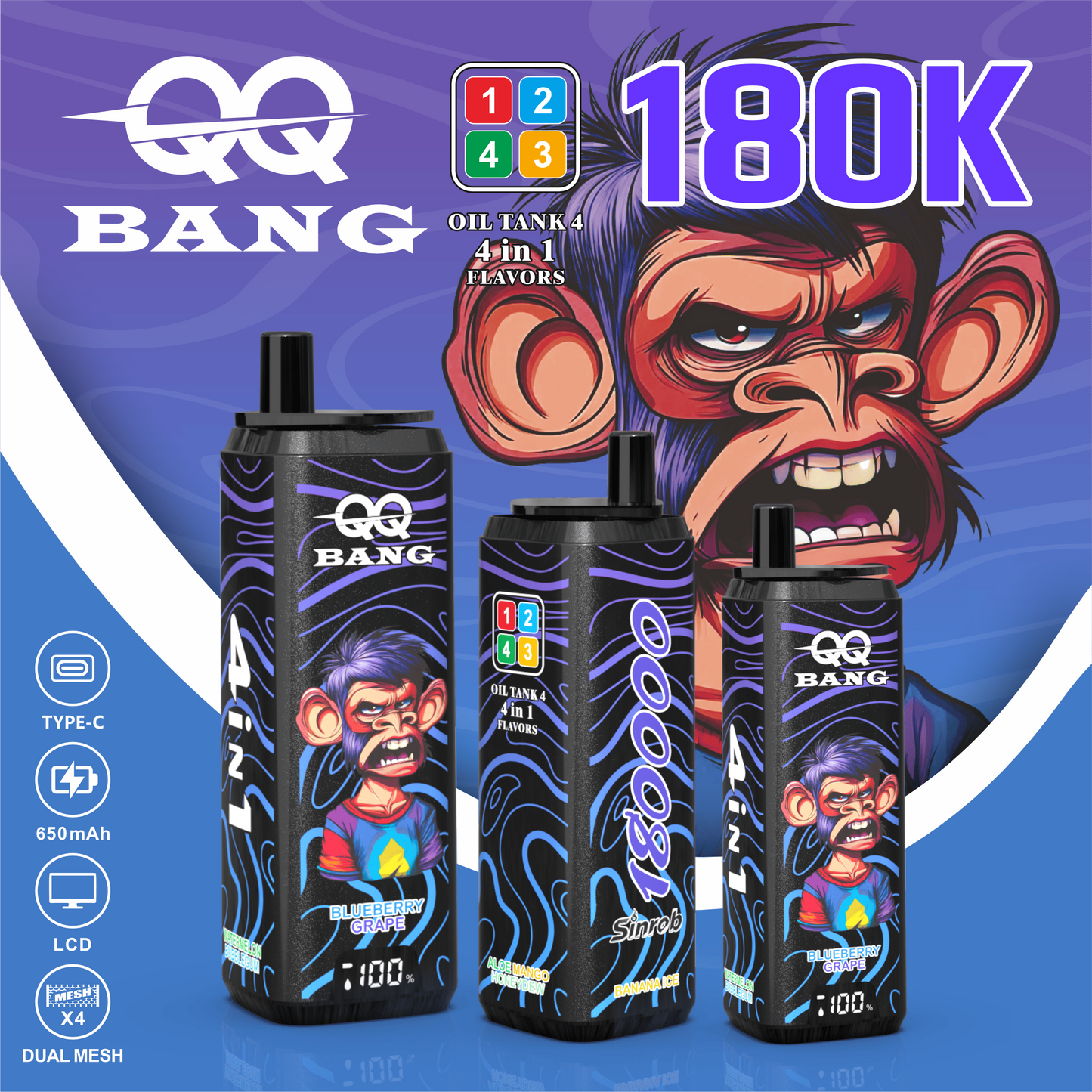 QQ Bang 180000 180K Puffs 4 In 1 Flavors LCD Display Rechargeable Disposable Vape
