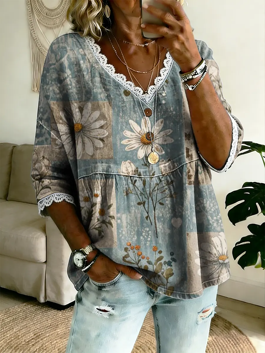 Ethnicity Bohemian Style Flowers Women's Vintage Art Print Casual V Neck Cotton Denim Top