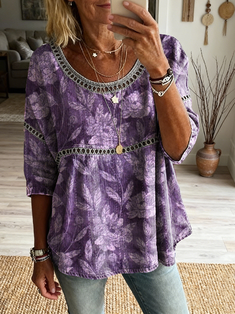 Women's Retro Ethnic Floral Art Print Casual Round Neck Hollow-out Cotton Linen Top