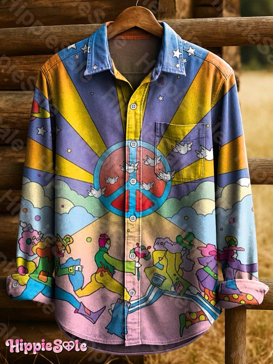 Retro Love and Peace Symbol Sun Art Print 100% Cotton Long-Sleeve Shirt