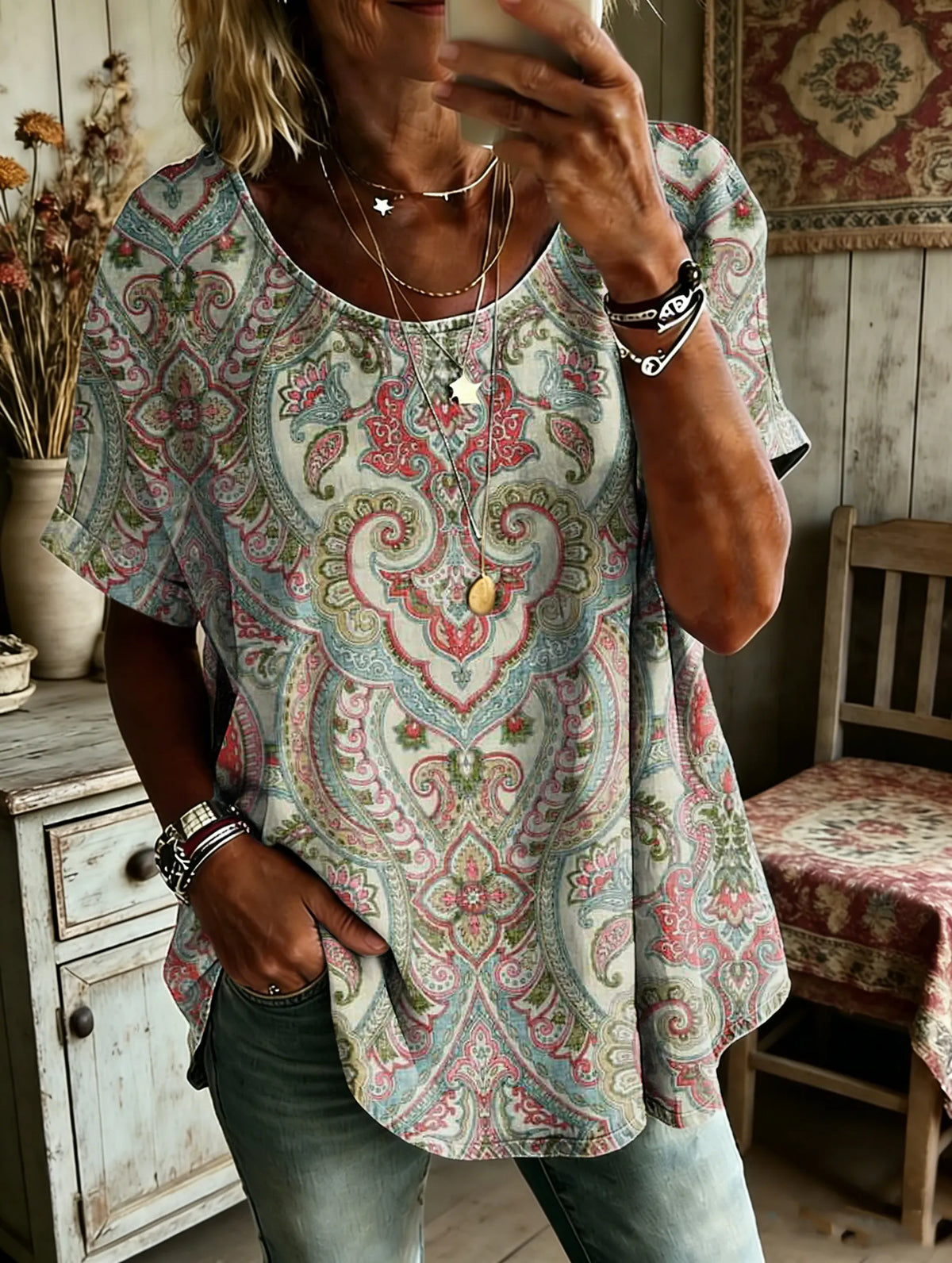 Women's Ethnic Print Round Neck Short-sleeved Shirt