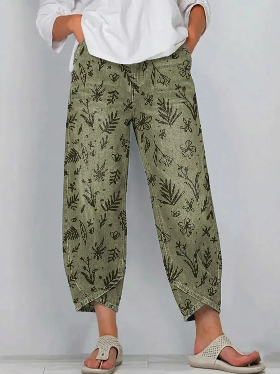 Women's Floral Art Print Pocket Cotton Jeans