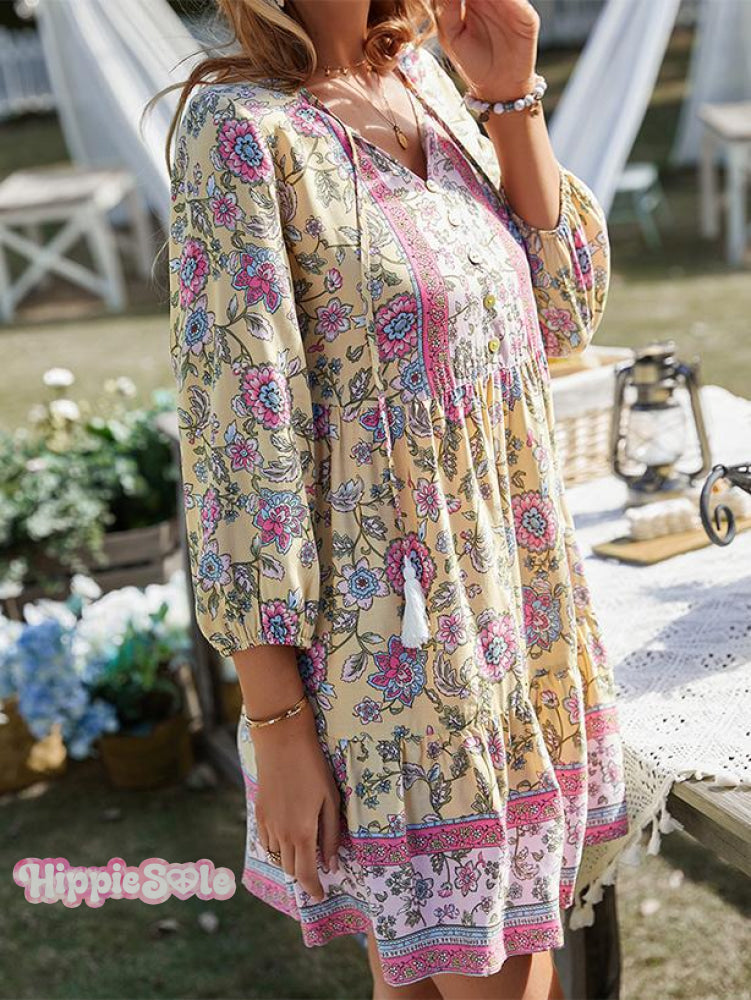 Bohemian Casual Holiday Style V-neck Dress Short Skirt