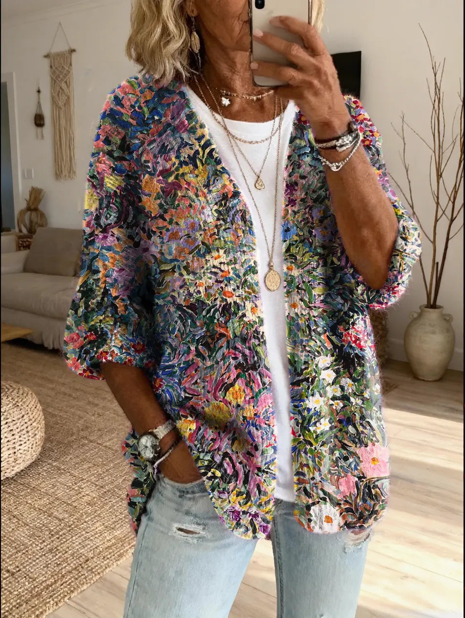 Women's Floral Art Print Comfortable Knit Cardigan