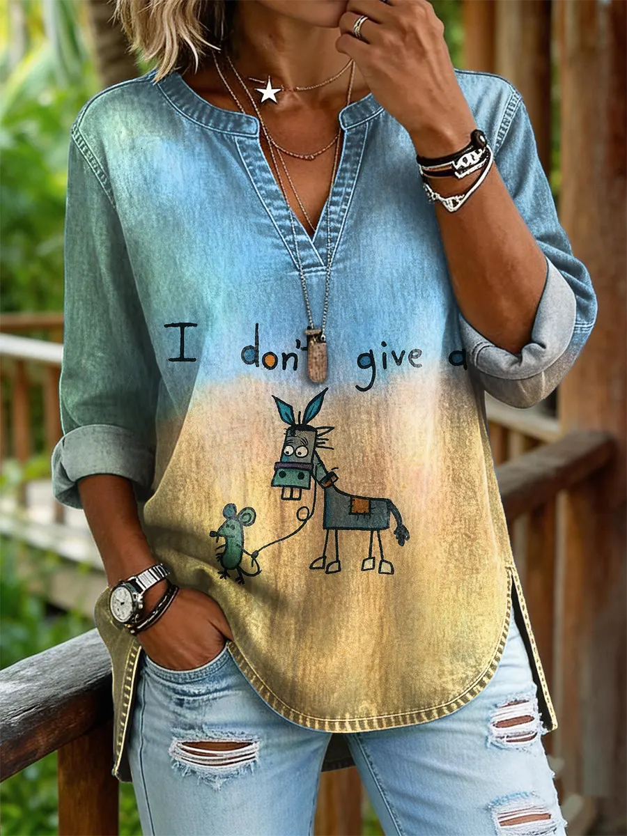 Women's “i Don't Give A Damn” Art Print Casual V-neck Washed Cotton Denim Shirt