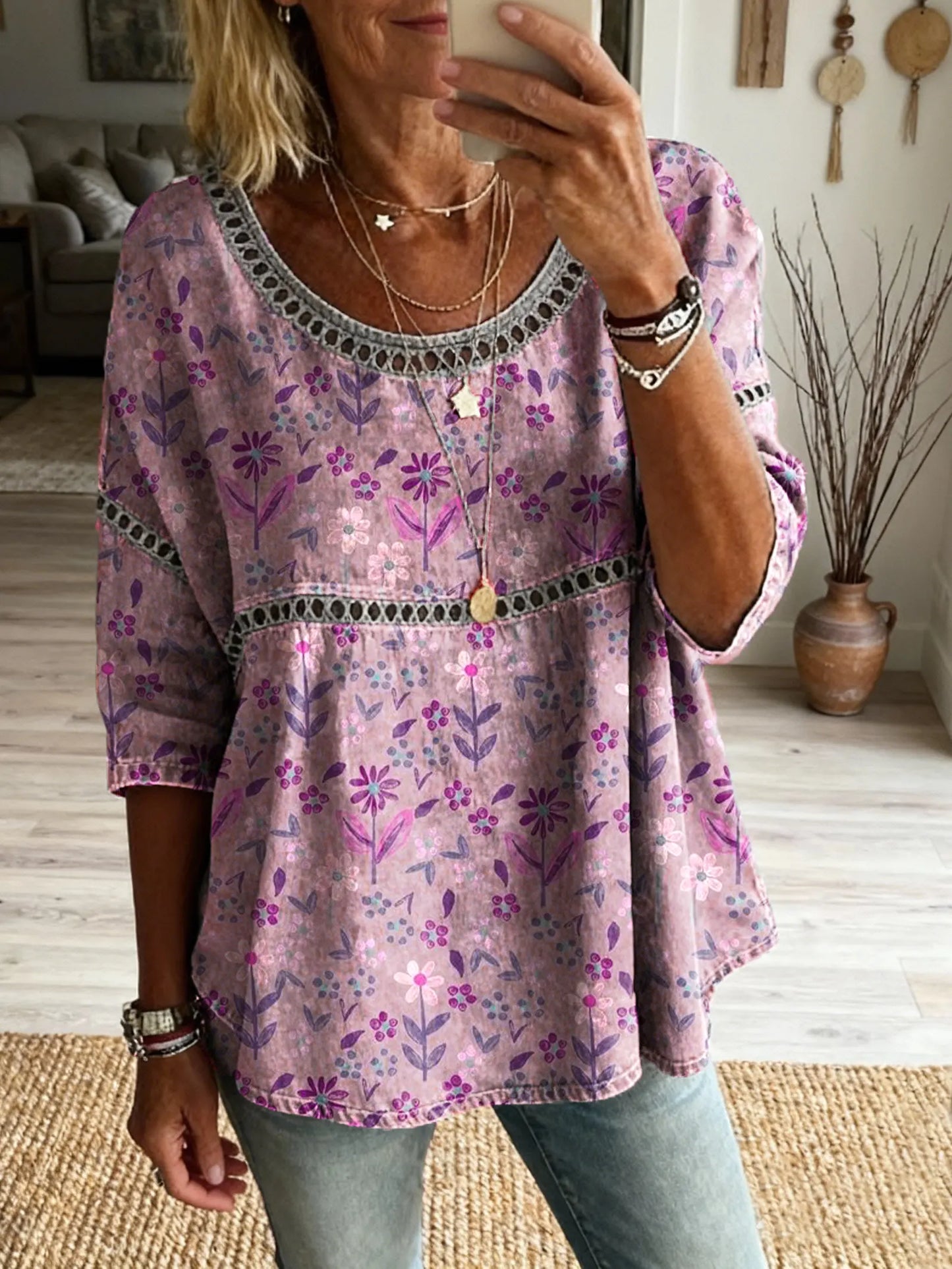 Women's Vintage Ethnic Purple Crushed Art Print Round Neck Cutout Cotton Top