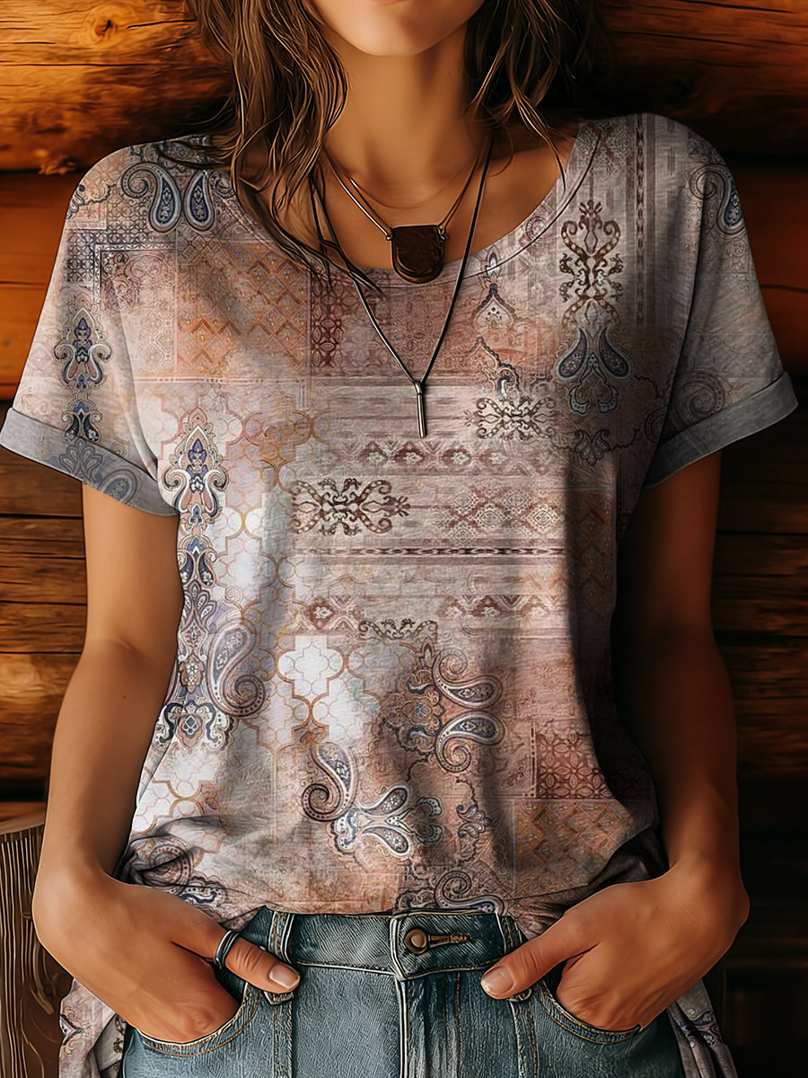 Women's Retro Bohemian Art Print Casual Short Sleeve Crew Neck Cotton T-Shirt