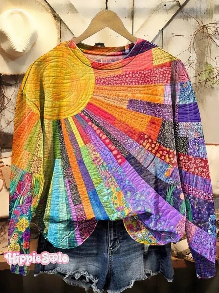 Women's Colorful Sun Collage Art Print Casual Cotton And Linen Shirt